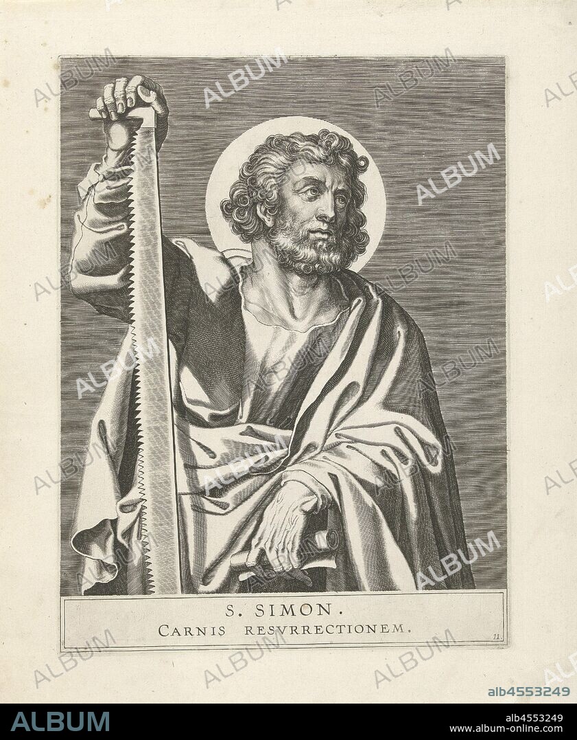 H. Simon, Saint Simon, standing with a scroll and a saw in his hands., The apostle Simon Zelotes (or Simon the Canaanite), possible attributes: book, saw, scroll, Cornelis Galle (I), Southern Netherlands, 1586 - 1650, paper, engraving, h 278 mm × w 213 mm.