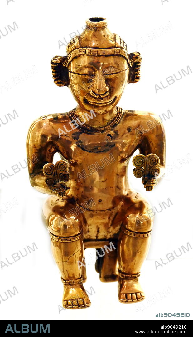 Gold Lime Container used to hold Powdered Lime for ritual use. Lime was used to enhance contemplation in prayer. From Quimbaya, Colombia, South America, circa 900-1100 AD. Indigenous people inhabited the territory that is now Colombia by 12,500 BCE. Beginning in the 1st millennium BCE, groups of Amerindians including the Muisca, Quimbaya, and Tairona, traded gold until the Spanish conquest in the 15th -16th century.