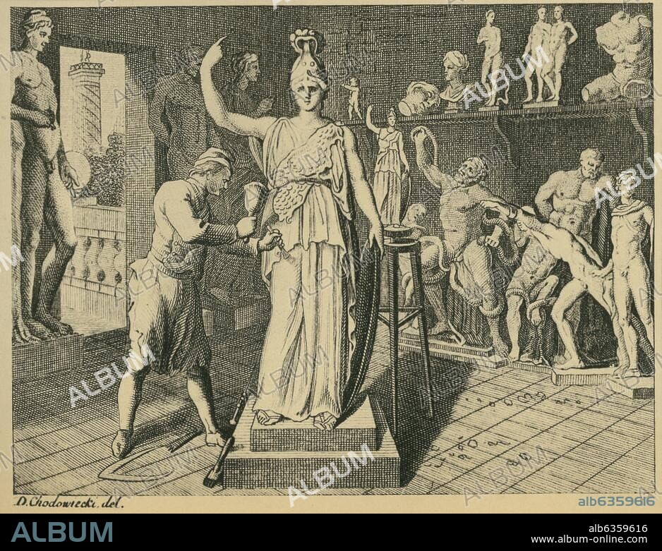 Künstler / Bildhauer. "Der Bildhauer, welcher an einer Minerva arbeitet". Kupferstich von Daniel Berger (1744-1824) nach Zeichnung von Daniel Chodowiecki (1726-1801). Illustr. zu: J.B. Basedow, Elementarwerk für die Jugend und ihre Freunde, Berlin und Dessau, 1774, Tafel LVIII, 3.