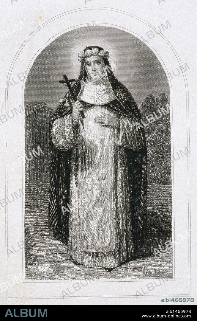 SANTA ROSA DE LIMA (Isabel Flores de Oliva) (1586-1617). Religiosa y mística peruana de la Orden dominica. Grabado del siglo XIX.
