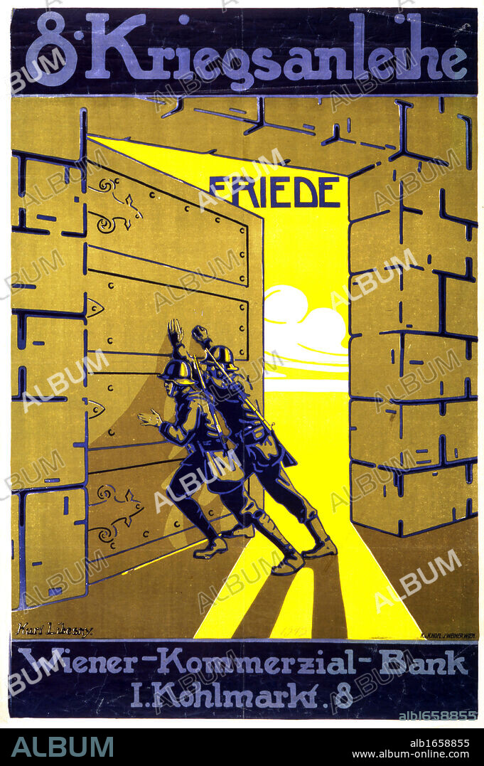 World War I 1914-1918: Austrian poster by Karl Libesny (1892-1933) issued by the Vienna Commercial Bank for the 8th War Loan, 1918. Two soldiers push open a bank's strong room door to reveal sunshine and Freedom.