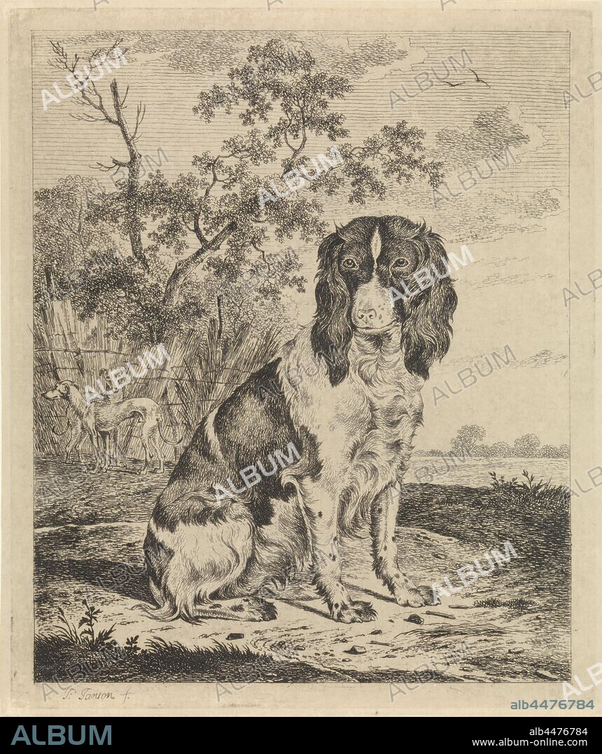 Sitting porthole, to the right. With landscape and two dogs in the background on the left. With the sky, dog, Pieter Janson (mentioned on object), 1780 - 1851, paper, etching, h 171 mm × w 143 mm.