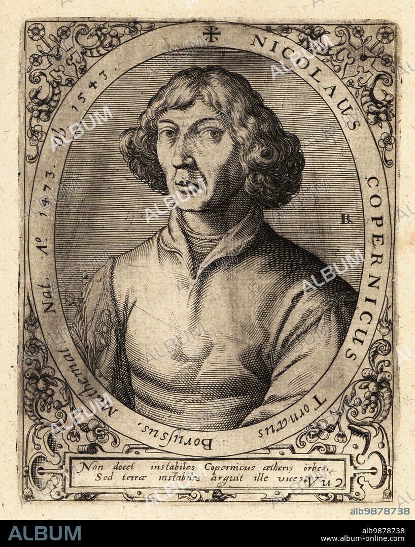 Nicolaus Copernicus, Renaissance-era polymath who formulated a model of the universe that placed the Sun rather than Earth at the center of the universe, 1473-1547. Nicolaus Copernicus Torunaeus Borusus Mathemat. Copperplate engraving by Johann Theodore de Bry from Jean-Jacques Boissards Bibliotheca Chalcographica, Johann Ammonius, Frankfurt, 1650.