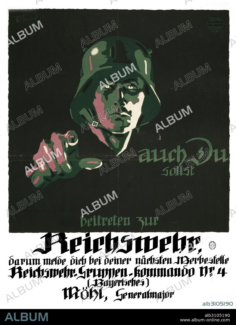 German propaganda poster encouraging enlistment of the Reichswehr credited to Oscar Consée Kunstanstalt. Dated 1919.
