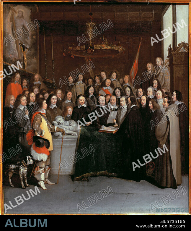 Paix de Westphalie 1648. Reconnaissance des Provinces Unies par l'Espagne le 15 mai 1648. "Allégorie sur Hugo Grotius et la Paix de Westphalie". Peinture, vers 1648/80, cercle de Gerard Ter Borch (1617-1681). Huile sur toile, 51 × 44,5 cm. Münster, Stadtmuseum.