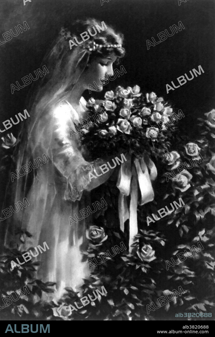 Young woman in wedding gown holding bouquet of flowers. A wedding dress or wedding gown is the clothing worn by a bride during a wedding ceremony. Color, style and ceremonial importance of the gown can depend on the religion and culture of the wedding participants. In Western cultures, brides often choose a white wedding dress, which was made popular by Queen Victoria in the 19th century. In eastern cultures, brides often choose red to symbolize auspiciousness. Reproduction of painting by Bessie Pease Gutmann.