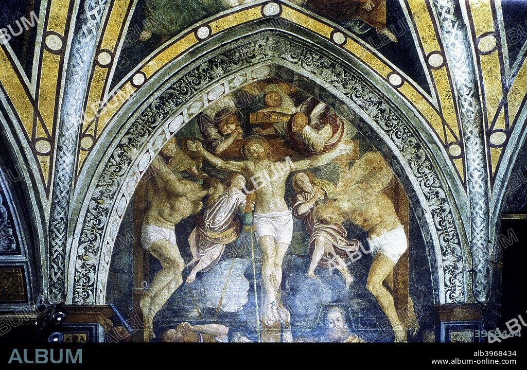 'Crucifixion', 16th century. Fresco in the Basilica of St Mary of the Graces, Milan, Italy.