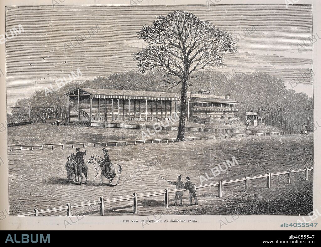 The new race-course at Sandown Park.  Sandown Park is a horse racing course and leisure venue in Esher, Surrey, England. Sandown Park was one of the first courses to charge all for attending. It opened in 1875 and everyone had to pay at least half a crown. The first meeting was over three days, starting on Thursday 22nd April. The illustrated Sporting and Dramatic News. London, 1875. Source: The illustrated Sporting and Dramatic News. 17 April 1875, page 53.