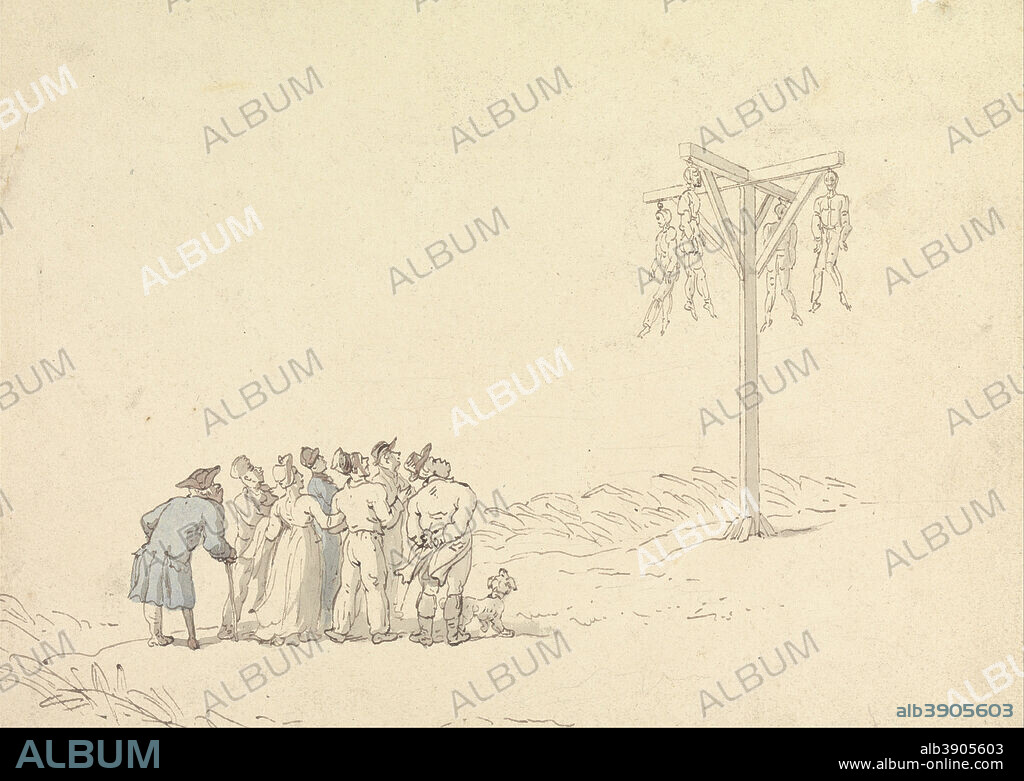THOMAS ROWLANDSON. Crowd by a Gibbet. Drawing. Watercolor with pen and brown ink, over graphite on medium, smooth, beige, wove paper, mounted on heavy board. Height: 152 mm (5.98 in); Width: 213 mm (8.38 in).