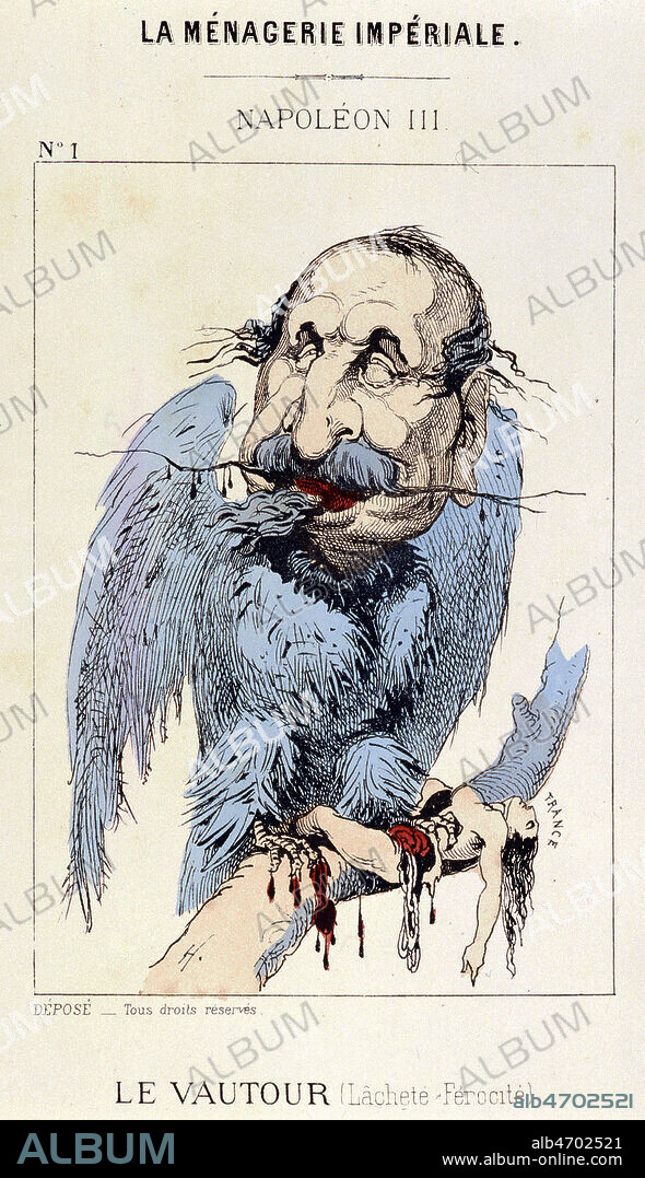 'La menagerie imperiale. NAPOLEON III (1808-1873) : le vautour'. Caricature par Paul HADOL dit WHITE (1835-1875) en 1870. Credit : Collection KHARBINE-TAPABOR.