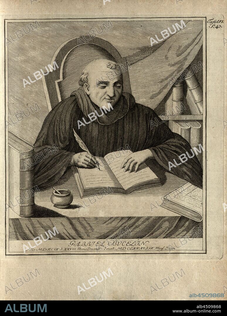 Gabriel Bucelin, Portrait of Gabriel Bucelin, Plate 6, p. 43, 1786, Georg Wilhelm Zapf: Reisen in einige Klöster Schwabens, durch den Schwarzwald und in die Schweiz im Jahre 1781: worinn von Bibliotheken, Altherthümern, Geschichte und vom Zustand der Litteratur überhaupt Nachricht gegeben wird. Erlangen: bey Johann Jakob Palm, 1786.