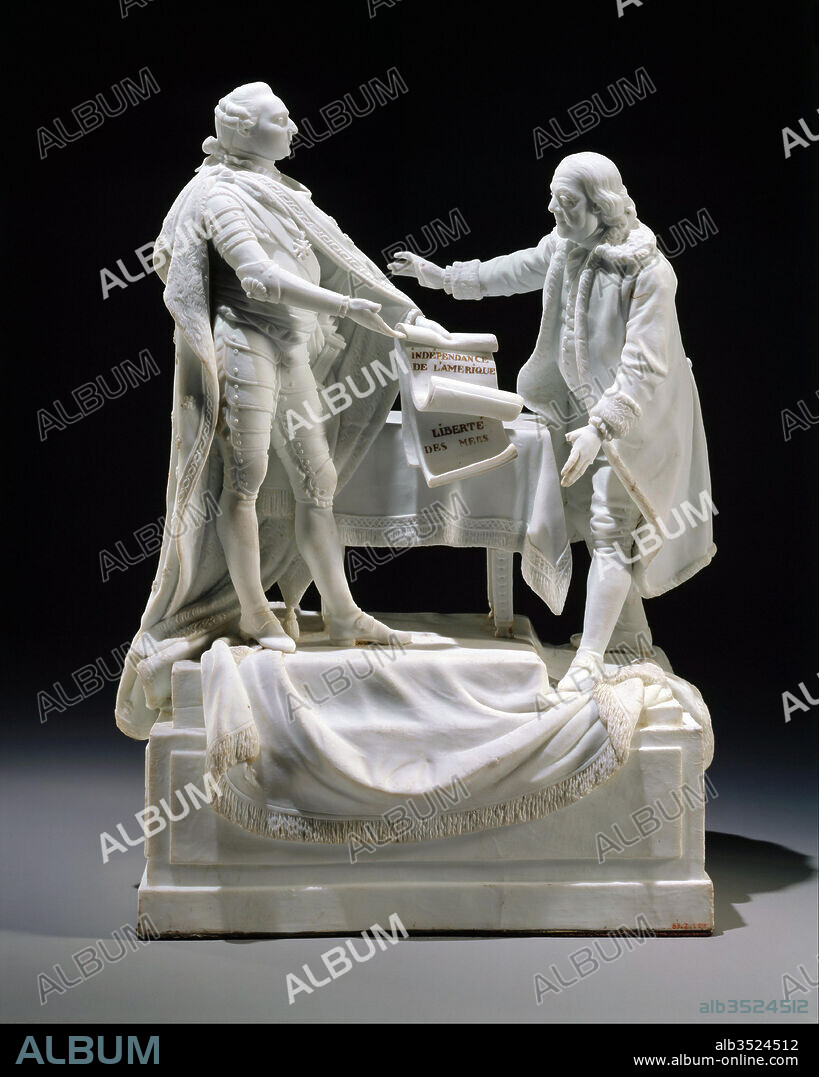 Figure of Louis XVI and Benjamin Franklin, 1780–85, Made in Lorraine, France, Porcelain, 12 3/4 x 9 1/2 x 6 in. (32.4 x 24.1 x 15.2 cm), Ceramics, Charles-Gabriel Sauvage, called Lemire pere (1741–1827), This figure group in unglazed porcelain depicts the French king Louis XVI and American statesman Benjamin Franklin commemorating the signing of two treaties between France and the United States in 1778.