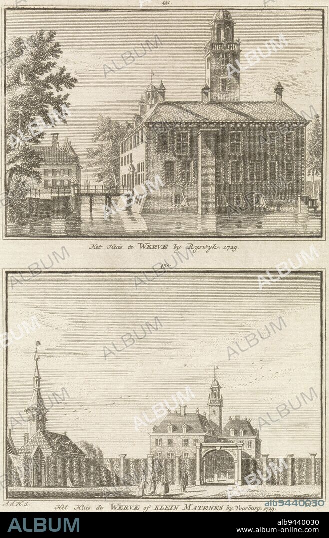 View of Huis te Werve, Rijswijk and Klein Matenes, Voorburg The house at Werve by Ryswyk 1729/ The house at Werve or Klein Matenes by Voorburg 1729 , print maker: Hendrik Spilman, (mentioned on object), intermediary draughtsman: Abraham de Haen (II), (mentioned on object), Haarlem, 1757, paper, etching, h 85 mm × w 110 mm.