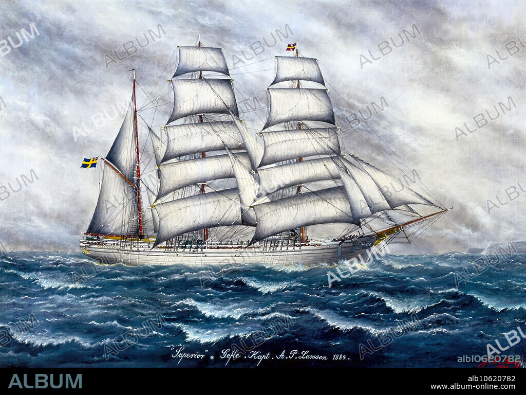 J. G. BERG. Barque Superior, 1936. The barque "Superior" at sea. Sails from left to right. The ship has white sails and hull. Three brown masts. Two Swedish union flags with Norwegian union mark and the name "Superior" in stern.