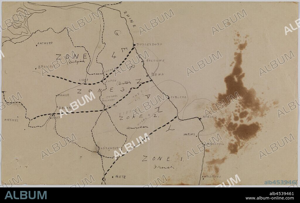 Map - Germany, Occupation Zones 1 to 4, World War I, circa 1919, Alternative Name(s): Rhineland Occupation Map Map of the occupied Rhineland in Germany after World War I, showing Zones 1 to 4 occupied by France, Belgium and American forces. According to Joachim Schröder and Alexander Watson, the ceasefire agreement from 11 November 1918 'merely provided for the Allied occupation of the left bank of the Rhine and three bridgeheads near Cologne, Mainz,.