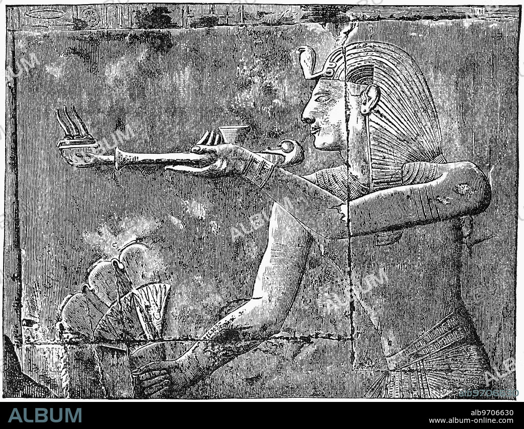 Relief Engraving of Seti I Burning an Offering of Incense, Abydos, Egypt, Illustration, Cyclopaedia of Universal History, Volume 1, The Ancient World, by John Clark Ridpath, the Jones Brothers Publishing Company, 1885.