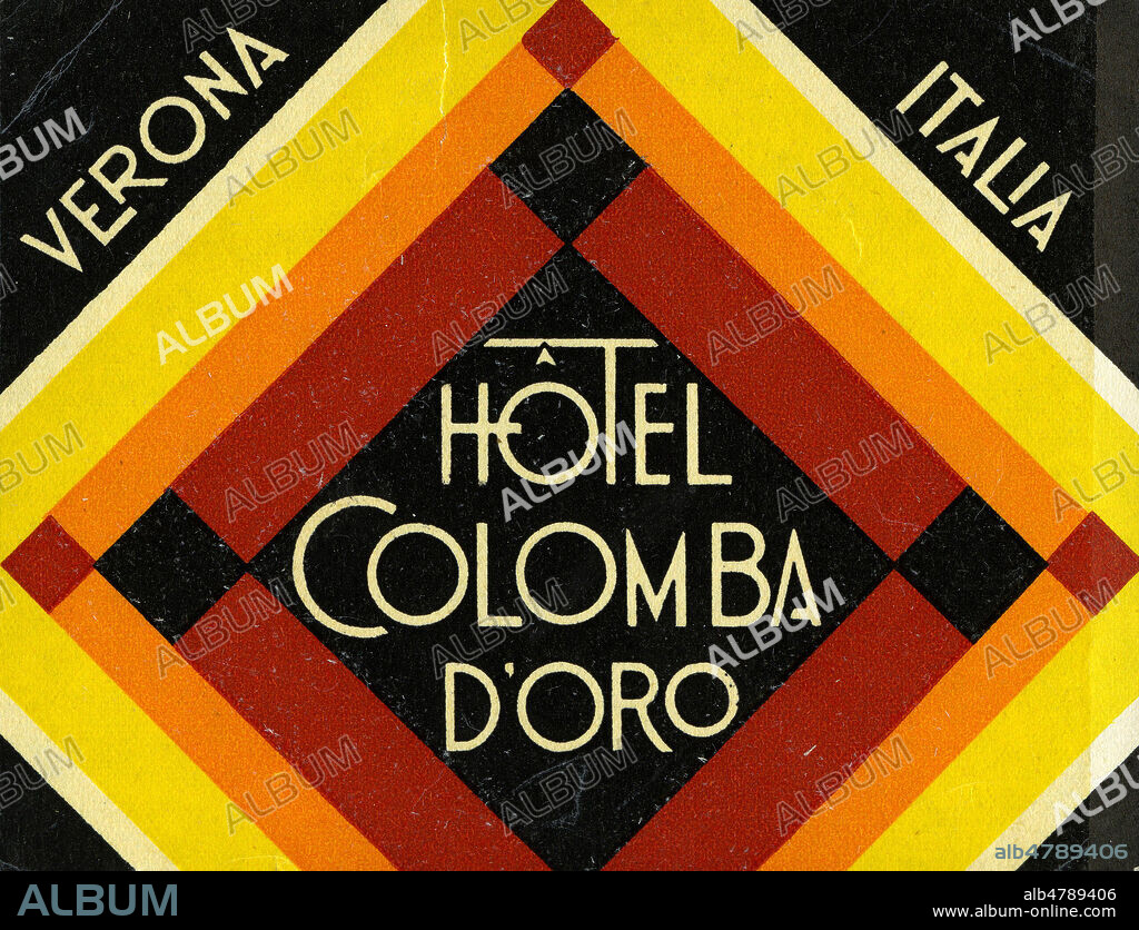 'Hotel Colomba d'Oro, Verona, Italia'. Illustration anonyme pour une etiquette vers 1925, 11x9 cm. Credit : Collection IM/KHARBINE-TAPABOR.