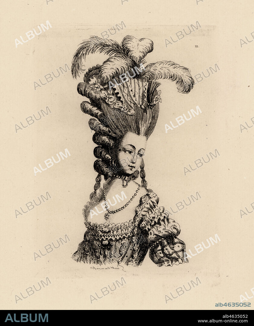 Woman in giant pouf hairstyle with ringlets, era of Marie Antoinette. Copperplate etching by Auguste Etienne Guillaumot from Costumes et coiffures du XVIIIe siecle, Costumes and hairstyles of the 18th century, Cagnon, Paris, 1875. Original illustration from the Gallerie des Modes et Costumes Francais, 1778-1787.