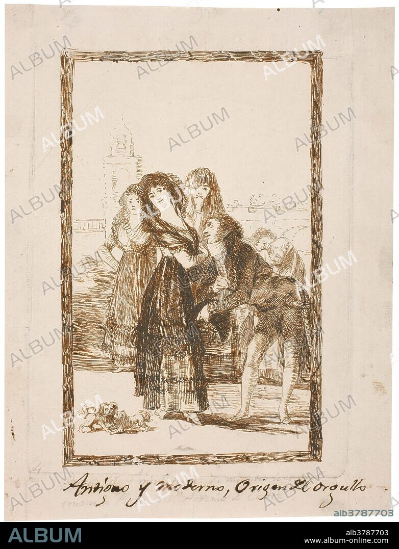 Francisco de Goya y Lucientes / 'Dream 18. Ancient and Modern, the Origin of Pride'. 1796 - 1797. Pencil, Iron gall ink on dark yellow laid paper.