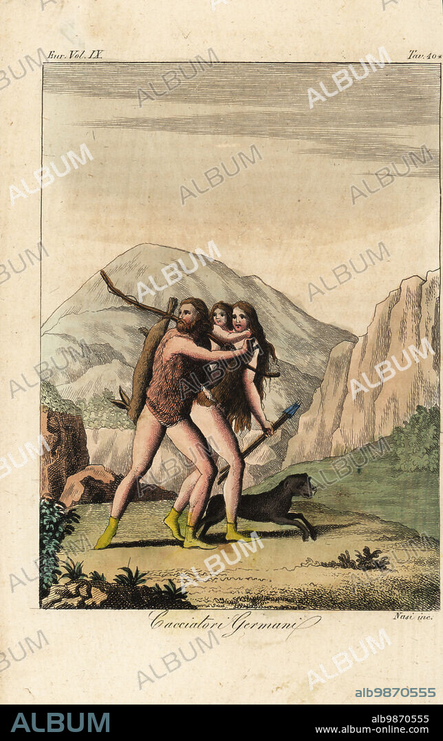 Ancient Germanic hunter family. They wear their hair long, have animal skin tunics and shoes. He carries a hare on a stick, and she has several arrows. Cacciatori Germani. Handcoloured copperplate engraving by Nasi from Giulio Ferrarios Costumes Ancient and Modern of the Peoples of the World, Il Costume Antico e Moderno, Florence, 1837.