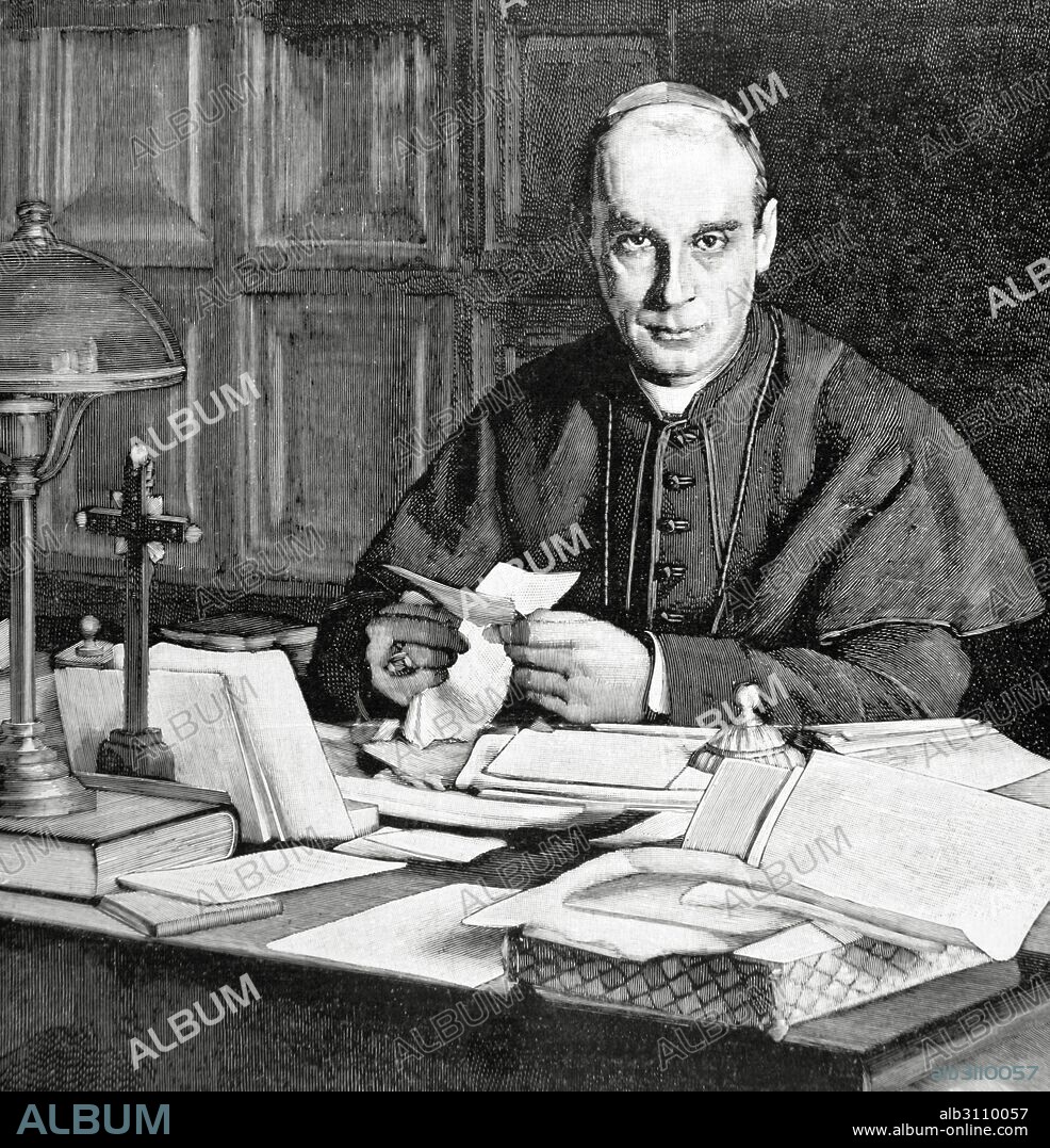 Rafael Merry del Val (1865-1930). Sacerdote español que llegó a ser cardenal y Secretario de Estado durante el pontificado de PIO X. Grabado por Sampietro. La Ilustración Artística, 1896.