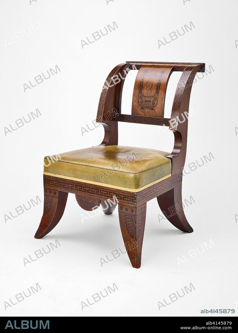 Chair. After a design published by Thomas Hope; English, born Netherlands, 1769-1831; England. Date: 1802-1810. Dimensions: 87 × 64 × 72 cm (34 1/4 × 25 3/16 × 28 3/8 in.). Mahogany, ebony, beech, and leather upholstery. Origin: England.
