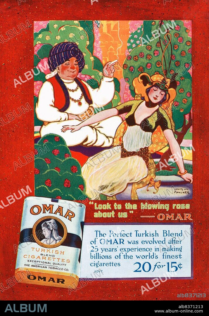 In the early 1900s, manufacturers of Turkish and Egyptian cigarettes tripled their sales and became legitimate competitors to leading brands. In 1911, The American Tobacco Company introduced Omar, a premium Turkish blend cigarette, in order to compete with other leading Turkish brands like Murad.<br/><br/>. The cigarette was named after the medieval Persian poet Omar Khayyam, who experienced a resurgence of popularity from 1900-1930. Advertisements for Omar cigarettes referenced Khayyam's famous poem, The Rubaiyat , and focused on themes of pleasure, leisure, and luxury.