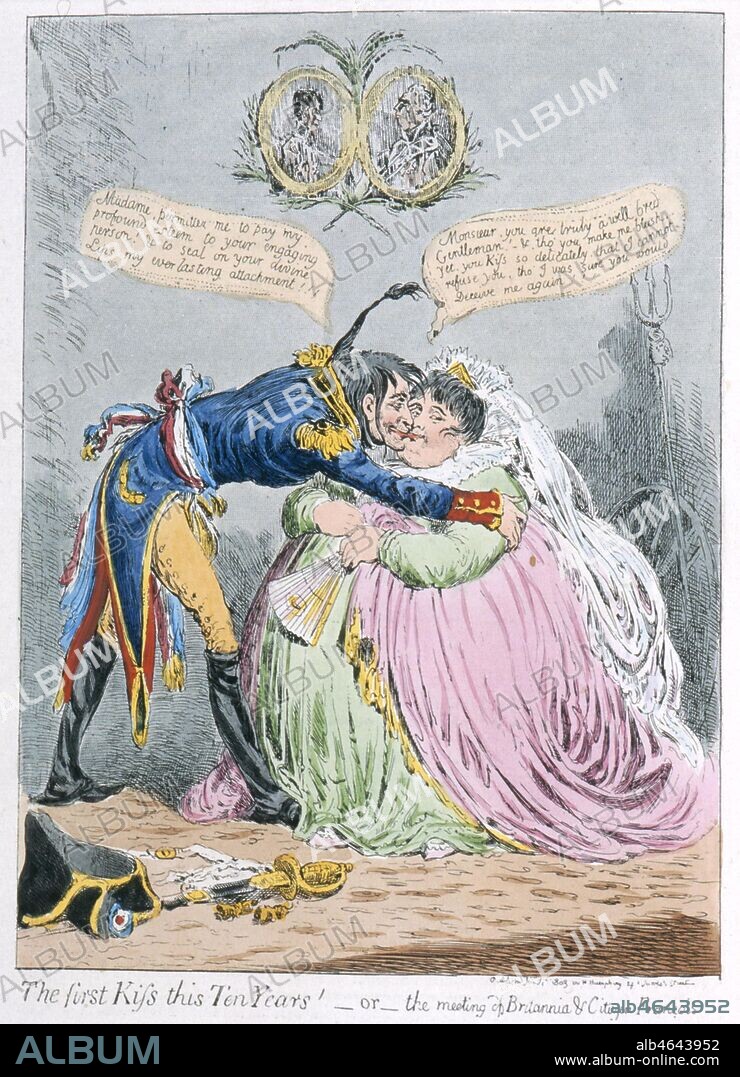 ' Le premier baiser depuis 10 ans - ou - l'entrevue entre l'Angleterre et le citoyen francais.' Caricature du 01/01/1804 par James Gillray (1757-1815).Caricatures anglaises reunies dans l'ouvrage de John GRAND-CARTERET (1850-1937), 'Napoleon en Images' en 1895. Credit : Collection Kharbine-Tapabor.