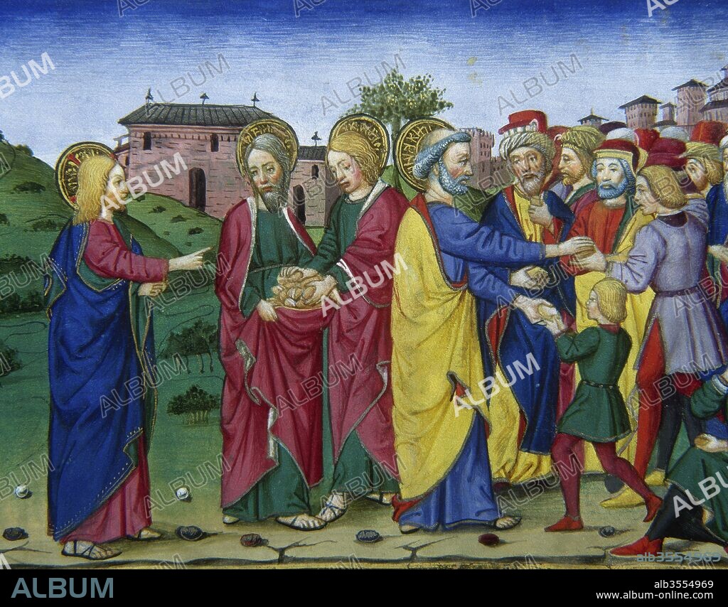 Cristofor de Predis (1440-1486). Italian miniaturist. Miniature depicting Jesus, with five loaves and two fish, fed and satiate five hundred people. Codex de Predis, 1476. Royal Library. Turin. Italy.