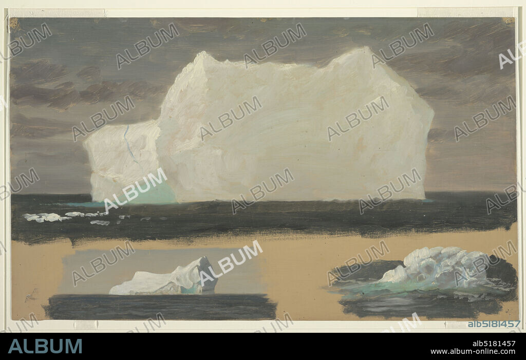 Floating Icebergs near Twillingate, Newfoundland, Frederic Edwin Church, American, 18261900, Brush and oil, graphite on thin cream paperboard, Seascape drawing with one large-scale and two small-scale iceberg designs shown on top and at the bottom, respectively. The brownish ground color is visible around the lower designs., USA, July 4, 1859, seascapes, Drawing, Drawing.
