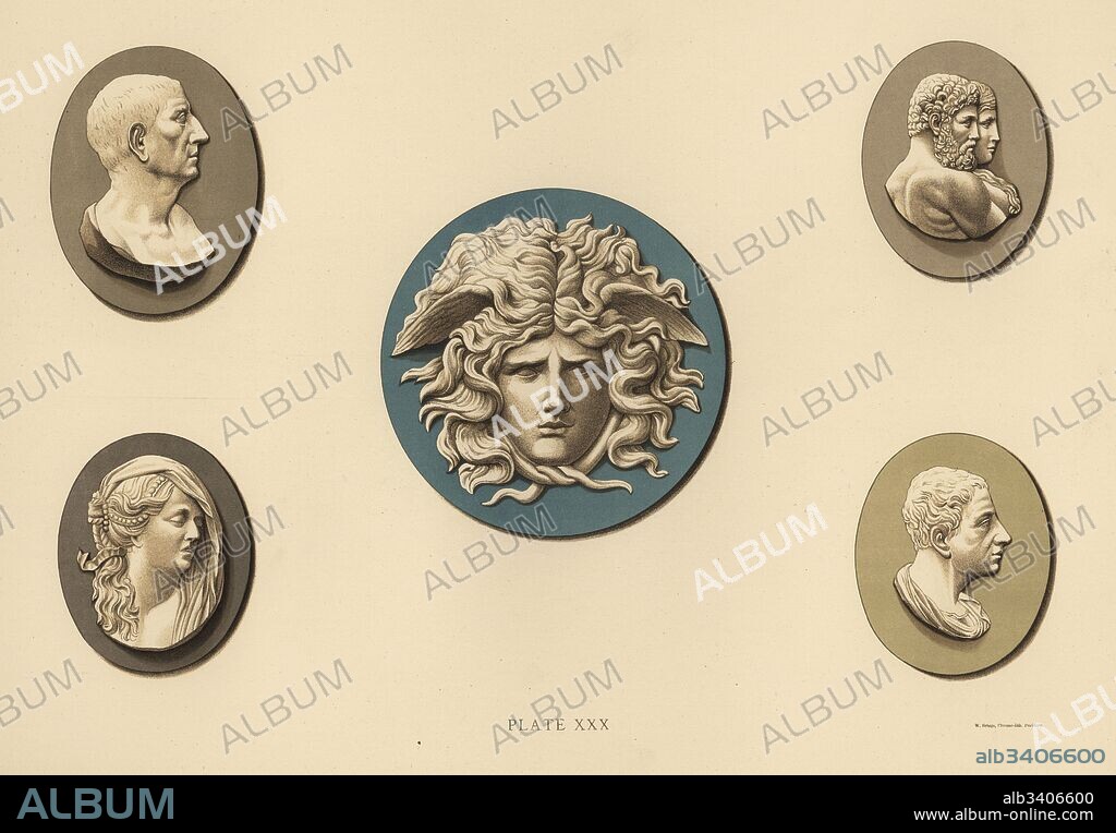Portrait medallions of the Medusa, Cicero, Hecules and Omphale, Cleopatra and Mark Antony. Chromolithograph by W. Griggs from Frederick Rathbone's Old Wedgwood, the Decorative or Artistic Ceramic Work Produced by Josiah Wedgwood, Quaritch, London, 1898.