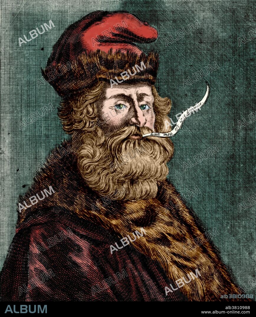 Ramon Llull (1232 - 1315) was a Majorcan writer and philosopher, logician and a Franciscan tertiary. He wrote the first major work of Catalan literature. Recently-surfaced manuscripts show him to have anticipated by several centuries prominent work on elections theory. He is sometimes considered a pioneer of computation theory, especially given his influence on Gottfried Leibniz. Llull is well known also as a glossator of Roman Law. He wrote treatises on alchemy and botany. He wrote the romantic novel Blanquerna, the first major work of literature written in Catalan, and perhaps the first European novel. Some computer scientists have adopted Llull as a sort of founding father, claiming that his system of logic was the beginning of information science. At the age of 82, in 1314, Raymond traveled again to North Africa and an angry crowd of Muslims stoned him. Within the Franciscan Order, he is honored as a martyr. He was beatified in 1857 by Pope Pius IX. This image has been color enhanced.