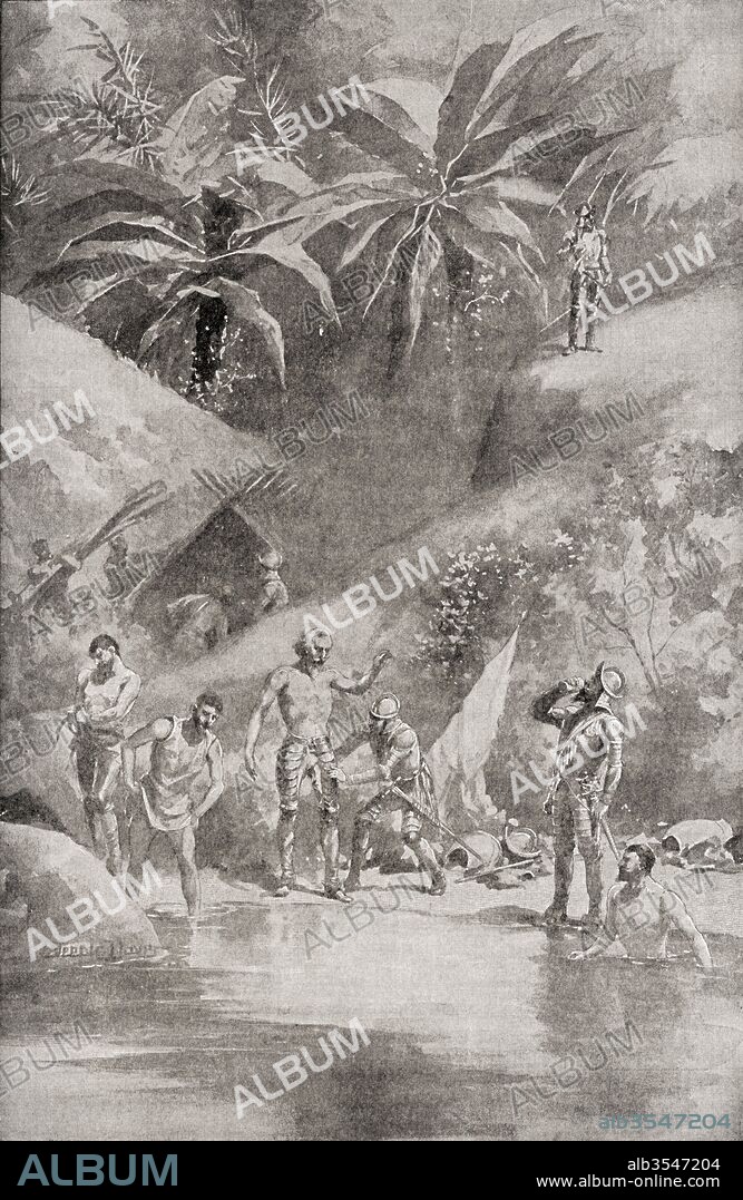The search for the Fountain of Youth in Florida, 1513, by Juan Ponce de León, 1474 – 1521. Spanish explorer and conquistador and first Governor of Puerto Rico. After the drawing by J. Steeple Davis. From The History of Our Country, published 1899.