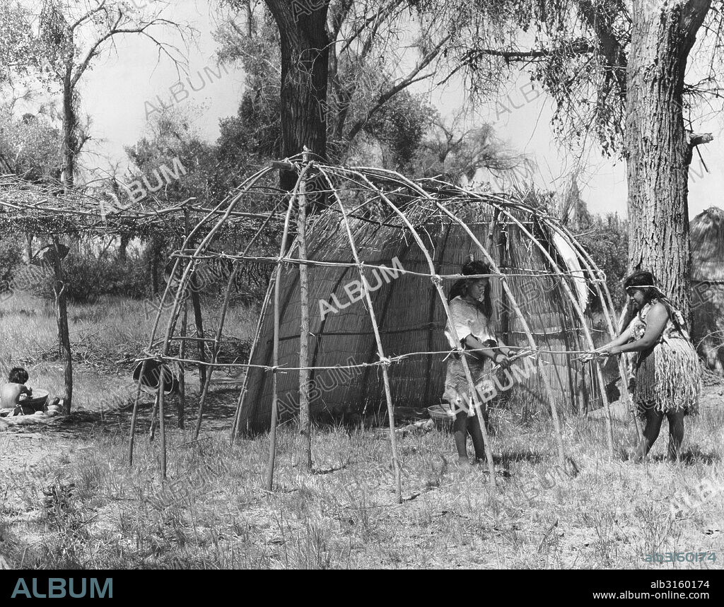 California: c. 1930 The framework for the Yokuts' house was made of willow poles. The poles were pushed into the ground and tied together at the top and then smaller poles were tied across the uprights. Strips of willow bark were used to tie the poles.