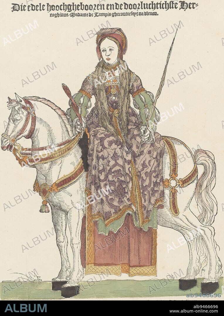 Portrait of Madame d'Etampes on horseback, Cornelis Anthonisz. (manner of), 1538 - c. 1544, Anne de Pisseleu, lady-in-waiting to Queen Mother Louise of Savoy and, since 1530, mistress of Francis I(1494-1547) who, in 1533, married her off to Jean de Brosses to whom, on that occasion, he conferred the title Comte d'Etampes. Anne d'Etampes retained her influence at court until the death of Francis I. She is depicted as an amazon on a stationary horse. It is, according to inscription, 'ghecontrefeyt na dleven'., print maker: Cornelis Anthonisz., (manner of), print maker: Hans Liefrinck (I), Hans Liefrinck (I), (possibly), Low Countries, publisher: Antwerp, 1538 - c. 1544, paper, h 406 mm × w 293 mm.