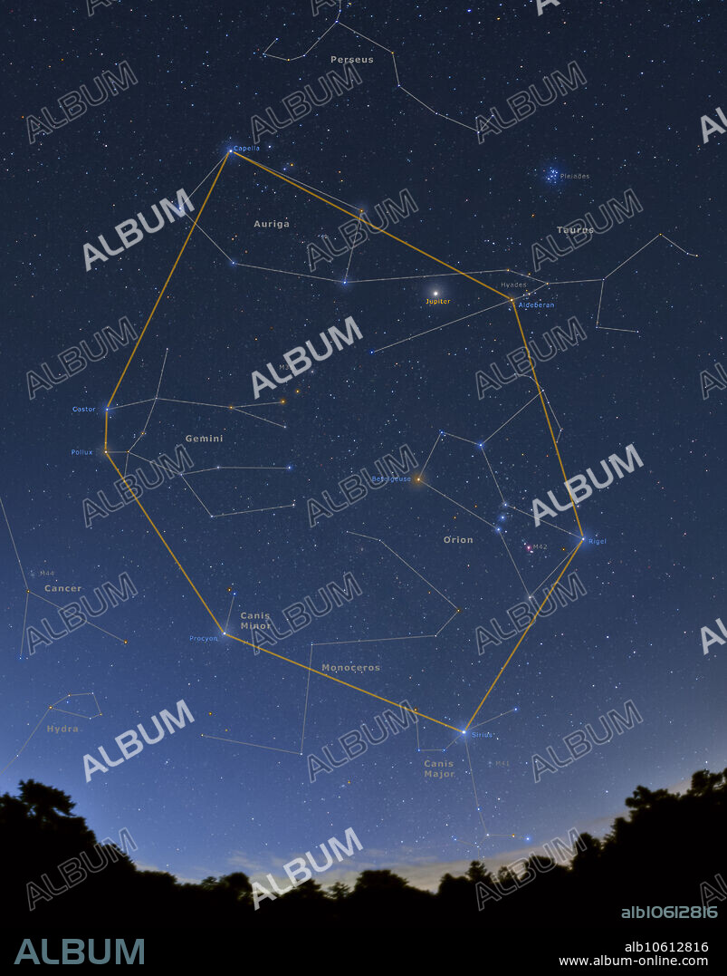 The Winter Hexagon and Jupiter at dawn. The Hexagon is comprised of the stars Capella, Aldebaran, Pollux, Rigel, Procyon and Sirius. These bright stars and distinctive constellations are one of the most beautiful sights in the night sky.