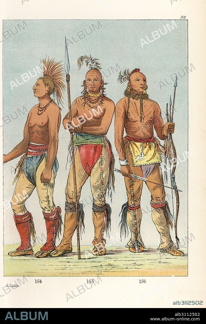 Young braves of the Osage nation: Ko-ha-tunk-a, Big Crow 154, Nah-com-e-shee, Man of the Bed 155, and Mun-ne-pus-kee, He Who is Not Afraid 156, in breech cloth, leggings and moccasins, garters decorated with beads and wampun. Handcoloured lithograph from George Catlin's Manners, Customs and Condition of the North American Indians, London, 1841.