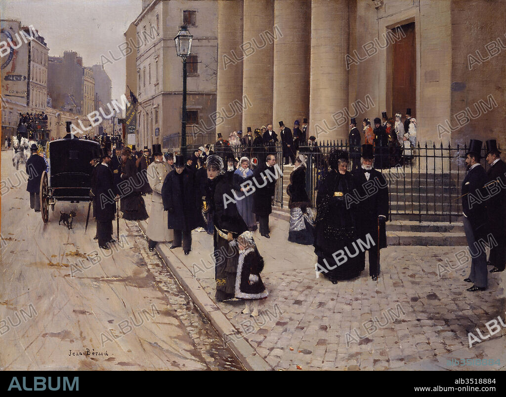 Sunday at the Church of Saint-Philippe-du-Roule, Paris, 1877, Oil on canvas, 23 3/8 x 31 7/8 in. (59.4 x 81 cm), Paintings, Jean Béraud (French, St. Petersburg 1849–1936 Paris), When this painting was exhibited in the Salon of 1877, it was seen as a document of contemporary Parisian life. Béraud depicts a view of the rue du Faubourg St.-Honoré, which had recently become a fashionable shopping street.