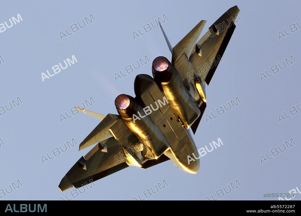 T-50 PAK-FA fifth generation jet fighter of the Russian Air Force performing demonstration flight during MAKS-2015 airshow, Moscow, Russia.