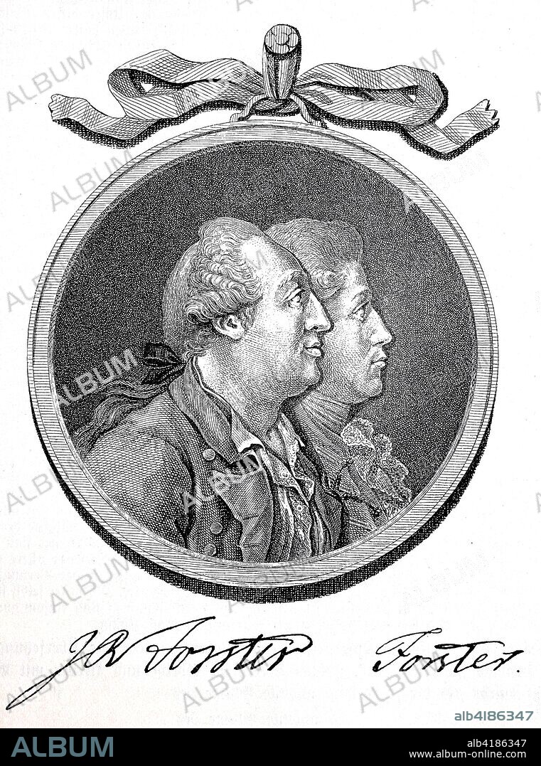 Johann Georg Adam Forster, 1754-1794, German naturalist, ethnologist, traveling writer, journalist, essayist and revolutionary, and his son Georg Forster, 1754-1794, writer, woodcut from the year 1882, digital improved.