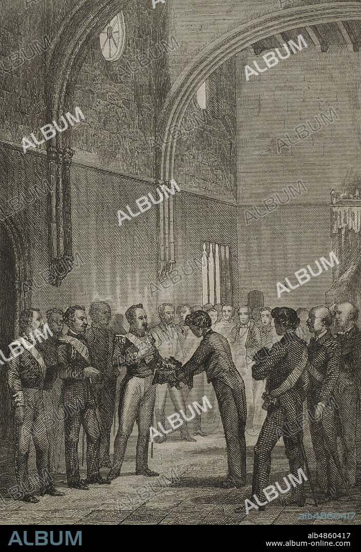 España. Cataluña. El pueblo de Barcelona entrega una corona cívica al general Baldomero Espartero (1793-1879),1845. Grabado. Historia de Cataluña y de la Corona de Aragón, por Victor Balaguer Barcelona,1863.