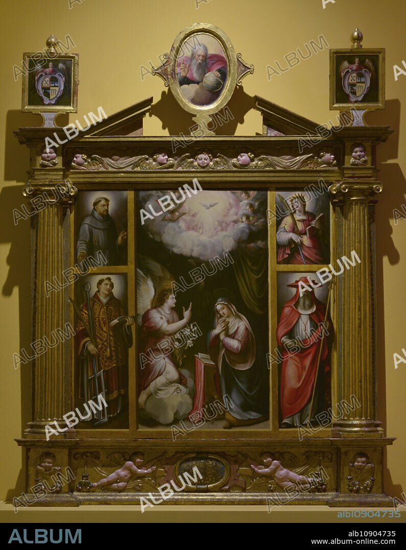 HERNANDO DE AVILA (H. 1538-1595) AND LUIS DE VELASCO (H. 1530-1606). SPANISH PAINTERS.. Altarpiece of the Incarnation. Painted by Hernando de Avila (ca. 1538-1595) and Luis de Velasco (ca. 1530-1606). Oil on board, 1584. Museum of Santa Cruz. Toledo. Spain. (On loan, Parish Church of the Saints Justo and Pastor, Toledo).