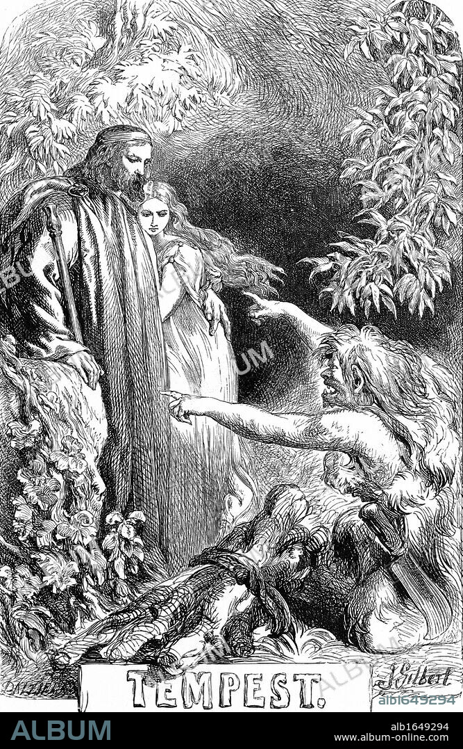 Prospero, holding his daughter Miranda, regards Caliban, a savage, deformed, sub-human creature, whom he has enslaved. Illustration by John Gilbert (1817-1897) for The Tempest for edition of Shakespeare's Works published 1856-1858. Play first performed c1611. Engraving.