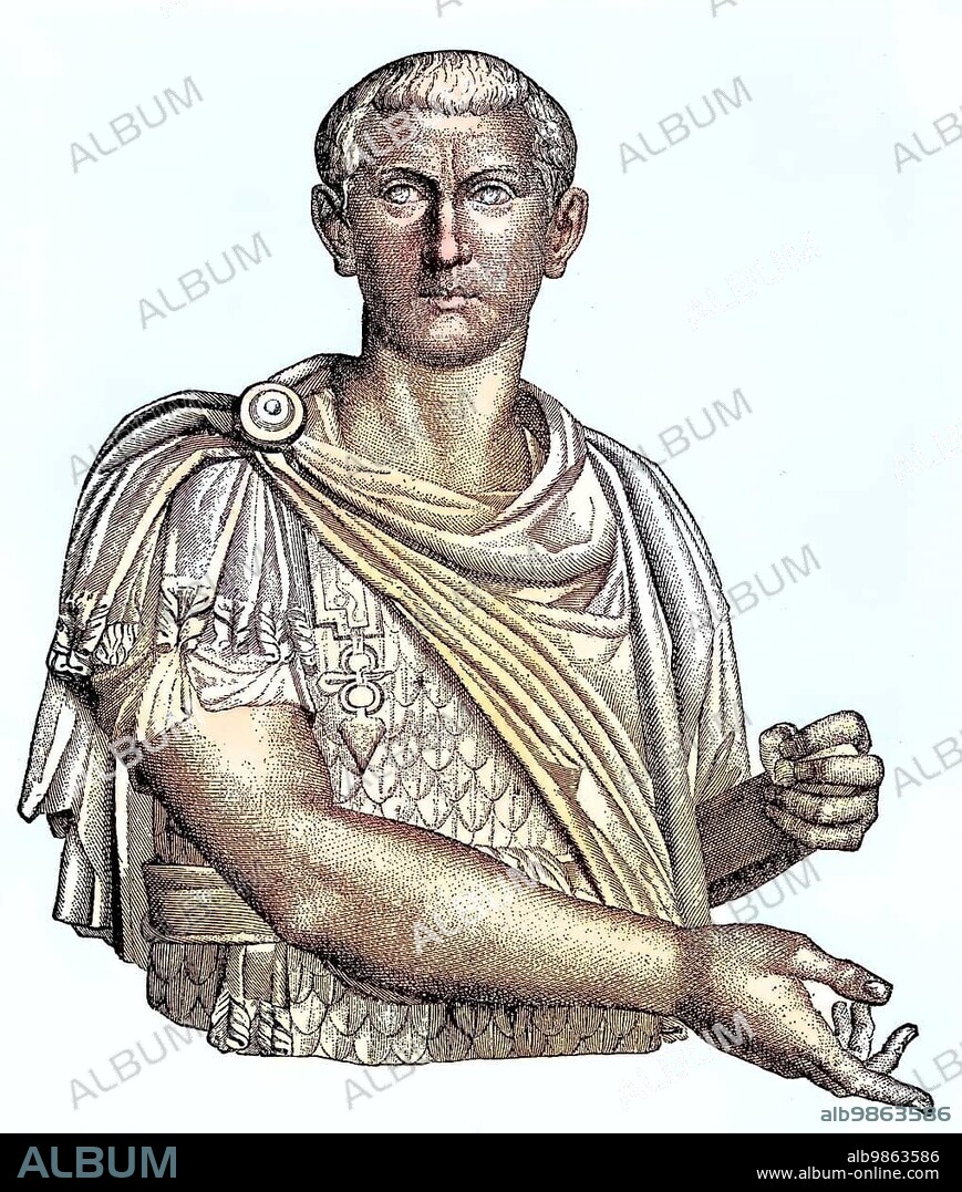 The marble bust of Marcus Antonius Gordianus, 20 January 225, 244, known as Gordian III, was Roman Emperor from 238 to 244, see in the Louvre of Paris, France, digital improved reproduction of an original 19th century print, Europe.