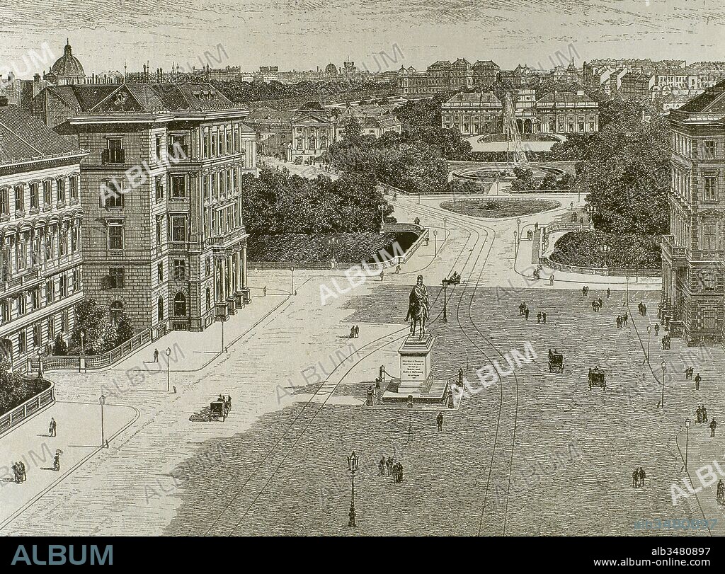 Viena, Austria. Dibujo de A. Kronstein representando la Plaza de Schwarzenberg (Schwarzenbergplatz) en el año 1887. Grabado.