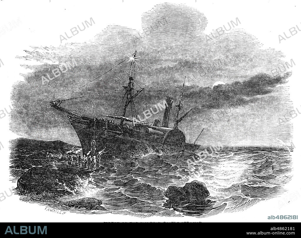 EBENEZER LANDELLS. Wreck of the Windsor Castle steamer, 1844. The vessel was damaged when it struck North Carr Rock off the coast of Fife in Scotland: 'The only boat belonging to the steamer was then lowered, by which the female passengers were conveyed ashore in six voyages. Boats and other aid were then obtained...This catastrophe presents another instance of the inefficient manner in which steam-vessels are provided with the means of escape in case of accidents'. From "Illustrated London News", 1844, Vol I.