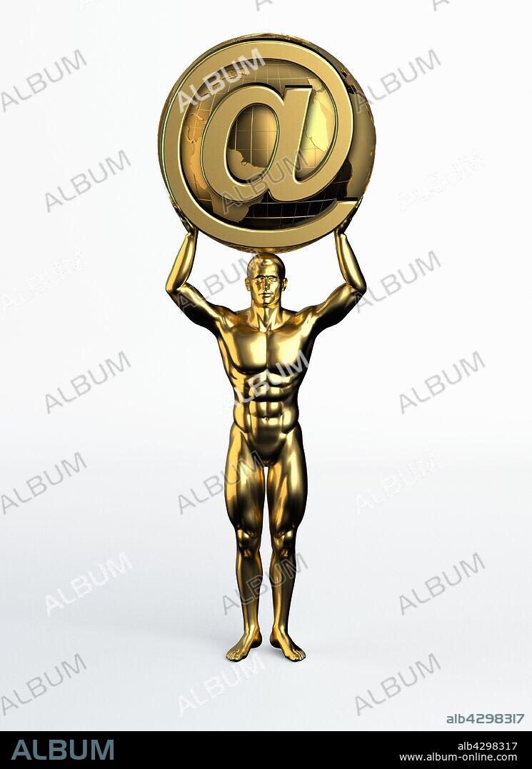 Gold statue of man holding world with internet 'at' sign above head.