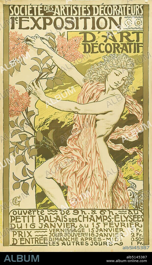Eugène Grasset, Imprimerie G. de Malherbe, 1e Exposition d'art décoratif, paper, lithography, Total: height: 130 cm; width: 79,5 cm, monogrammed: in print at left margin: EG, exhibition posters, female nude, flowers, trees, shrubs, art nouveau.