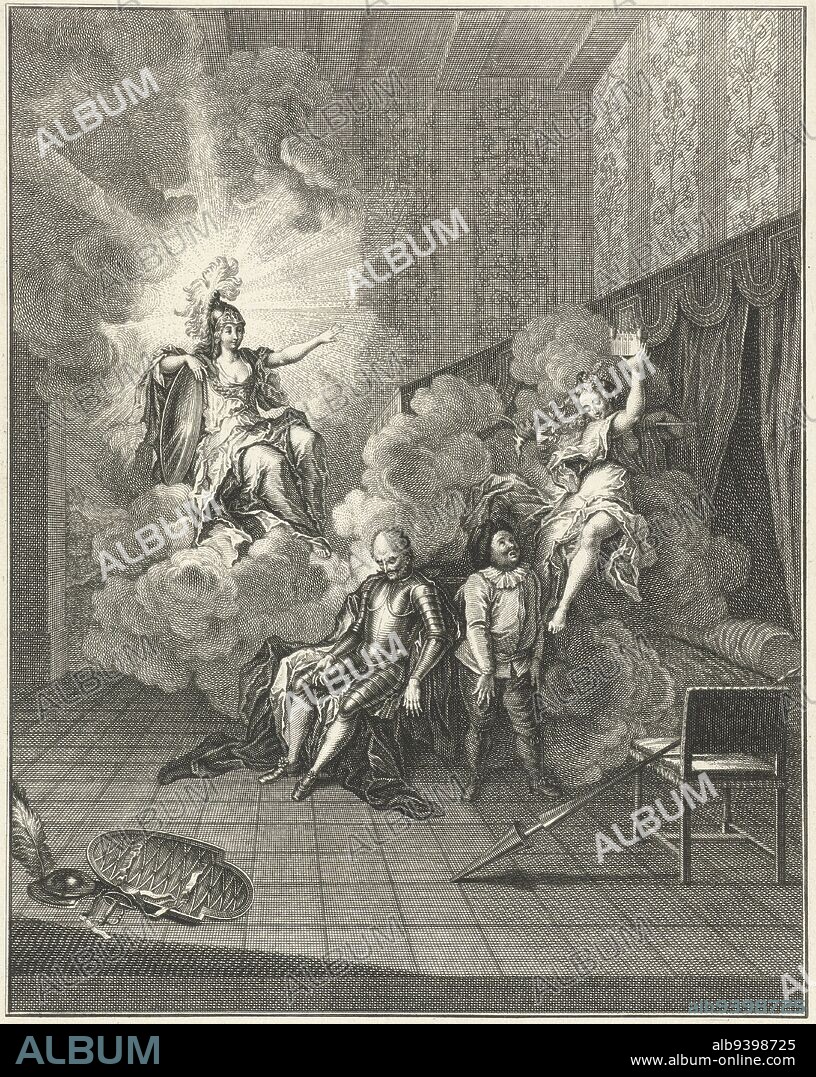 A personification of Wisdom chases away a personification of Folly while Don Quixote sleeps. Sancho watches the fleeing Folly, who holds in his hand an air castle. The Wisdom chases away the Folly, print maker: Jacob van der Schley, after: Charles-Antoine Coypel, Amsterdam, 1742, paper, etching, engraving, h 220 mm × w 166 mm.