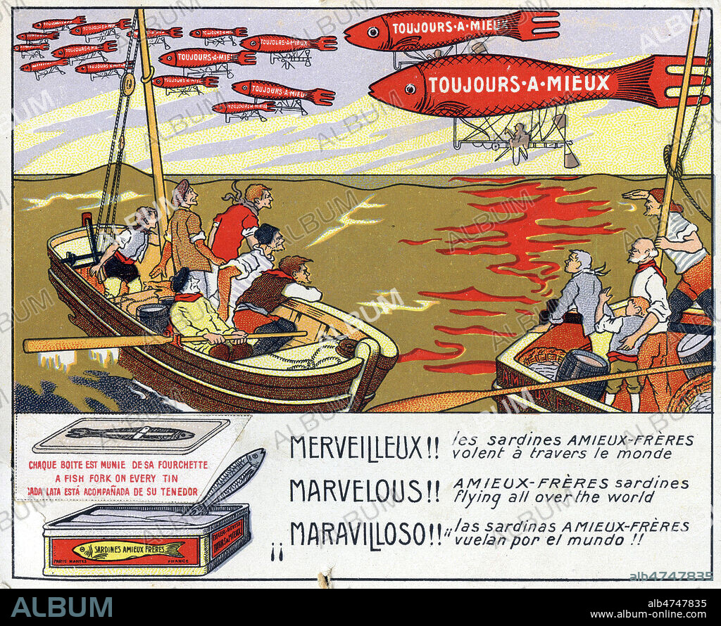Publicite pour les Conserves Amieux Freres, presentant leurs boites de sardines a l'huile, munies de fourchettes sur le dessus. debut 20eme siecle. Collection IM/KHARBINE TAPABOR.